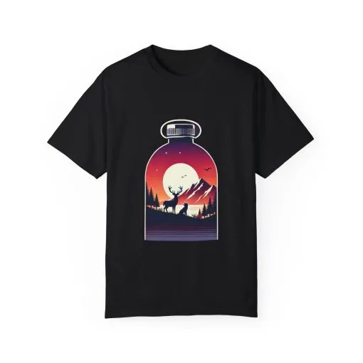 Adventure mountain t-shirt with deer and nature print, eco-friendly outdoor t-shirt, scenic wildlife graphic tee, unisex nature lover’s t-shirt.