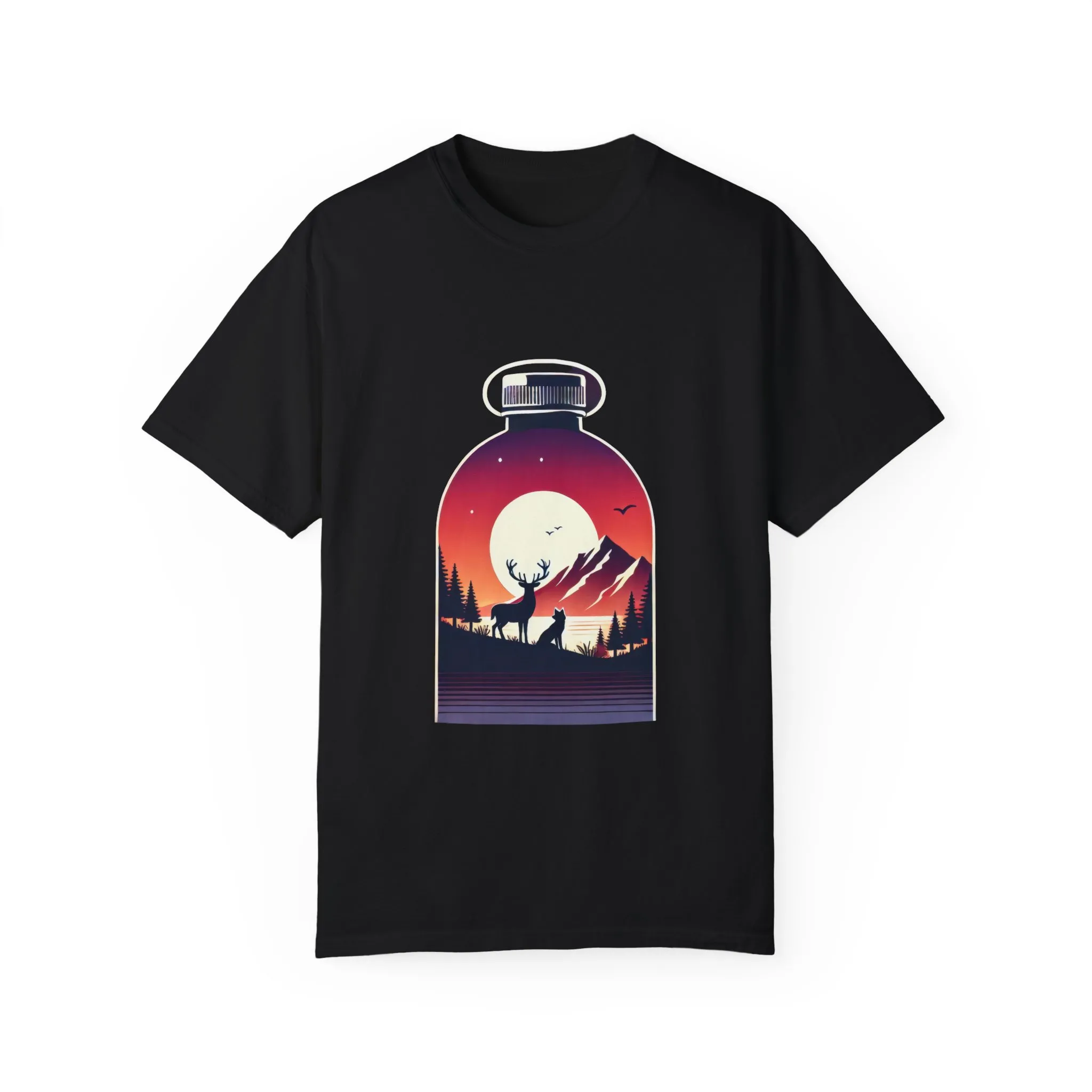 Adventure mountain t-shirt with deer and nature print, eco-friendly outdoor t-shirt, scenic wildlife graphic tee, unisex nature lover’s t-shirt.