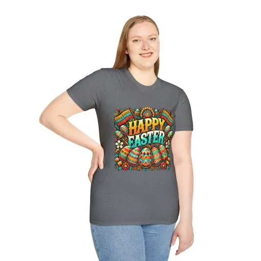Happy Easter Unisex Softstyle T-Shirt - Colorful Easter Egg Design - Image 4