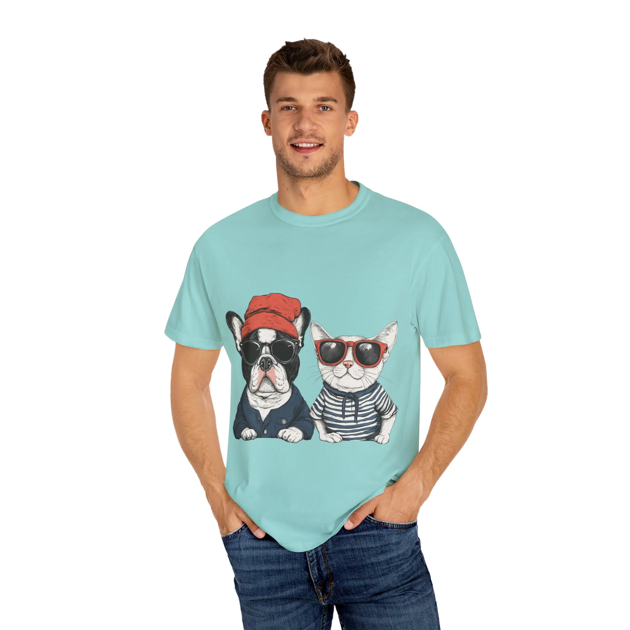 Trendy French Bulldog & Cat T-Shirt, Unisex Vintage Graphic Tee with Cool Sunglasses Design - Image 15
