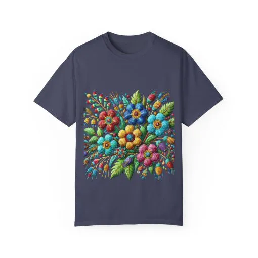 Colorful floral t-shirt with artistic flower print, vibrant unisex garment-dyed tee, bohemian botanical design t-shirt, handmade style floral print tee on light blue fabric.