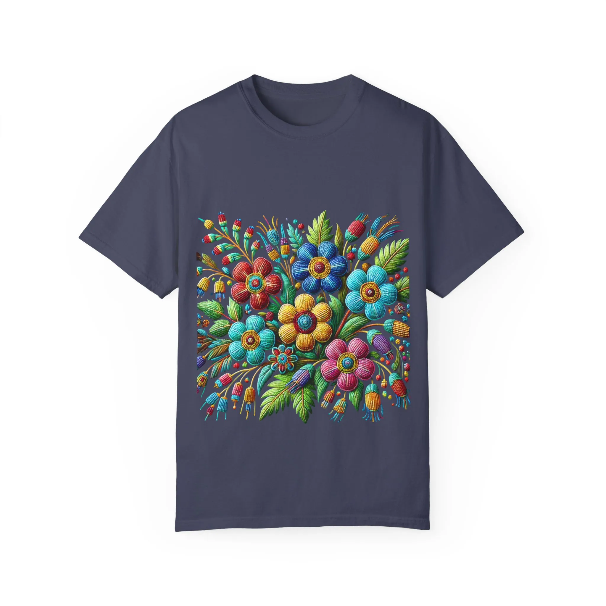 Colorful floral t-shirt with artistic flower print, vibrant unisex garment-dyed tee, bohemian botanical design t-shirt, handmade style floral print tee on light blue fabric.
