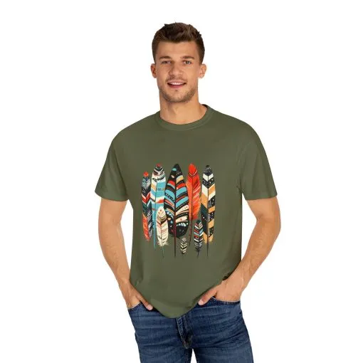 Colorful feather t-shirt with bohemian feather print, artistic tribal feather design tee, unisex boho chic feather graphic t-shirt on white fabric.