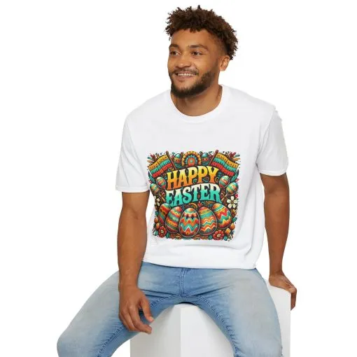 Happy Easter Unisex Softstyle T-Shirt - Colorful Easter Egg Design - Image 10