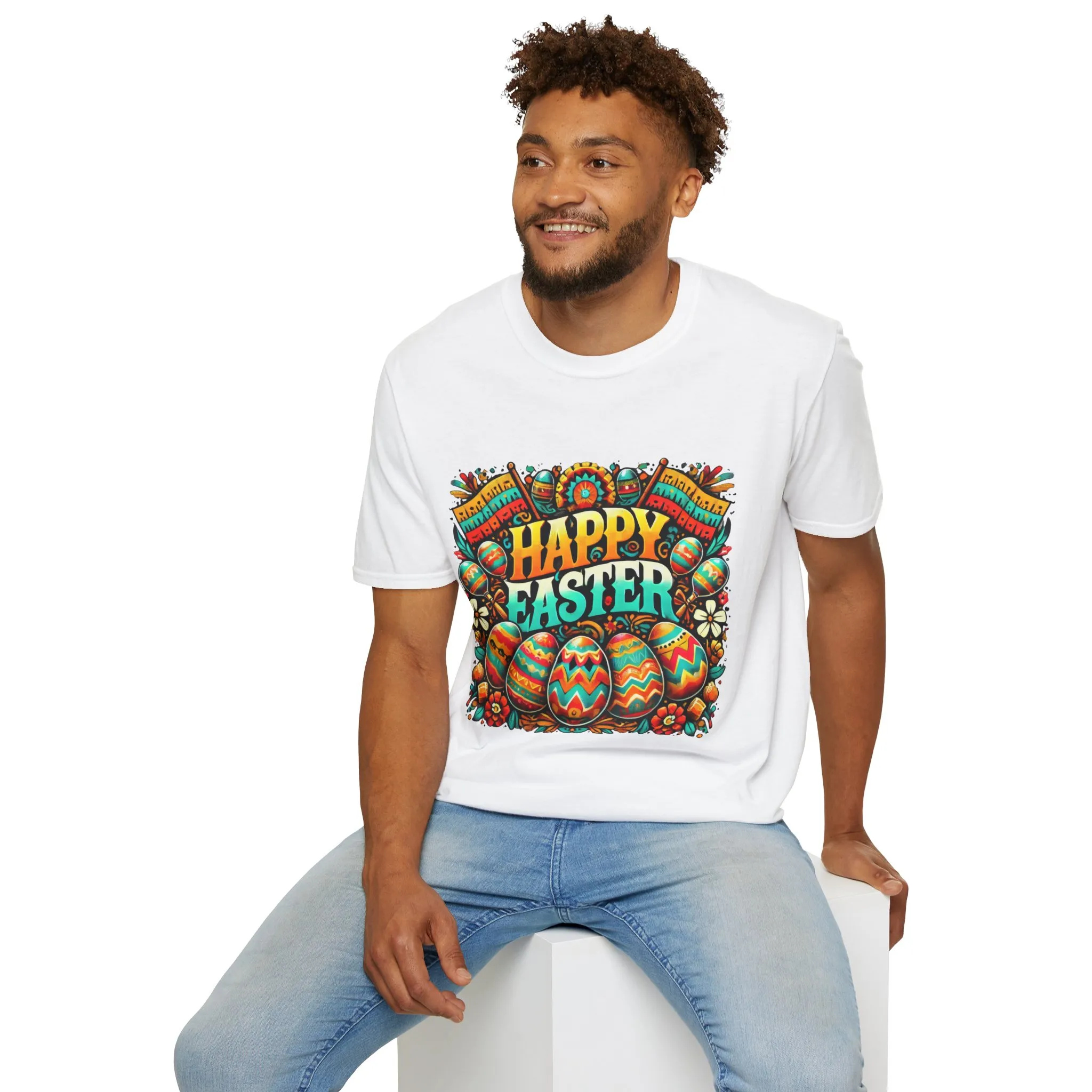 Happy Easter Unisex Softstyle T-Shirt - Colorful Easter Egg Design - Image 10