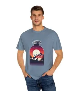 Adventure mountain t-shirt with deer and nature print, eco-friendly outdoor t-shirt, scenic wildlife graphic tee, unisex nature lover’s t-shirt.