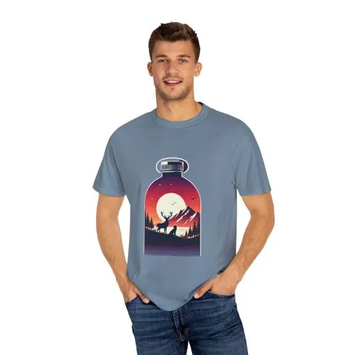 Adventure mountain t-shirt with deer and nature print, eco-friendly outdoor t-shirt, scenic wildlife graphic tee, unisex nature lover’s t-shirt.