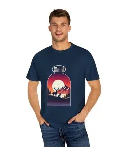 Adventure mountain t-shirt with deer and nature print, eco-friendly outdoor t-shirt, scenic wildlife graphic tee, unisex nature lover’s t-shirt.