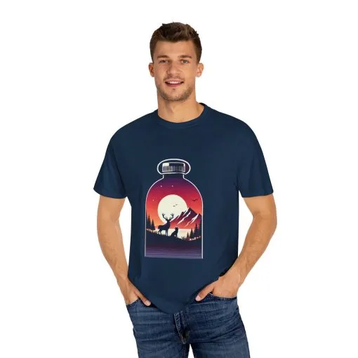 Adventure mountain t-shirt with deer and nature print, eco-friendly outdoor t-shirt, scenic wildlife graphic tee, unisex nature lover’s t-shirt.