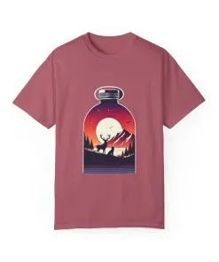 Adventure mountain t-shirt with deer and nature print, eco-friendly outdoor t-shirt, scenic wildlife graphic tee, unisex nature lover’s t-shirt.