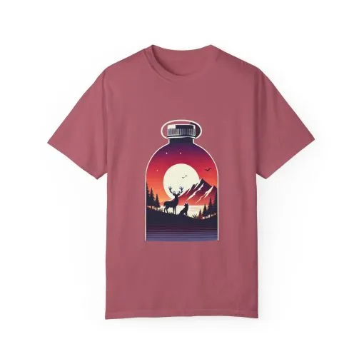 Adventure mountain t-shirt with deer and nature print, eco-friendly outdoor t-shirt, scenic wildlife graphic tee, unisex nature lover’s t-shirt.