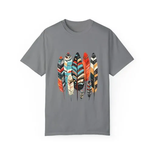 Colorful feather t-shirt with bohemian feather print, artistic tribal feather design tee, unisex boho chic feather graphic t-shirt on white fabric.