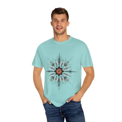 Boho chic nature t-shirt with geometric tribal design, artistic mandala print tee, unisex garment-dyed earthy tone t-shirt, bohemian festival fashion t-shirt.