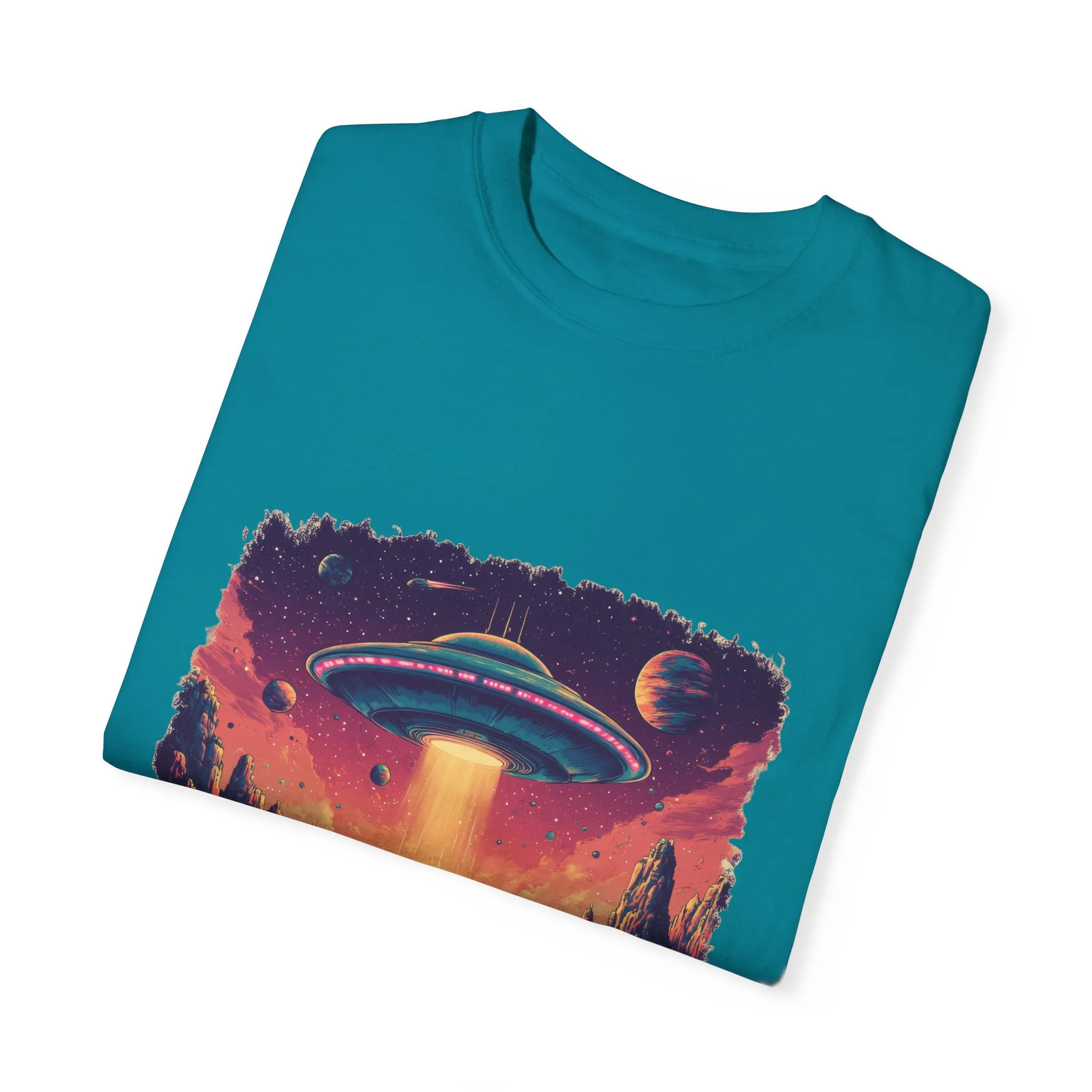 Galactic Adventure Unisex T-Shirt - UFO and Cosmic Landscape Design - Image 14