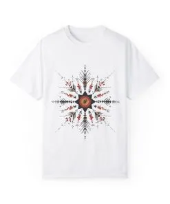 Boho chic nature t-shirt with geometric tribal design, artistic mandala print tee, unisex garment-dyed earthy tone t-shirt, bohemian festival fashion t-shirt.