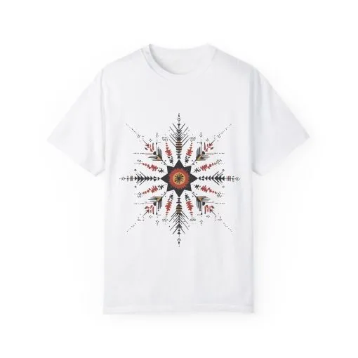 Boho chic nature t-shirt with geometric tribal design, artistic mandala print tee, unisex garment-dyed earthy tone t-shirt, bohemian festival fashion t-shirt.