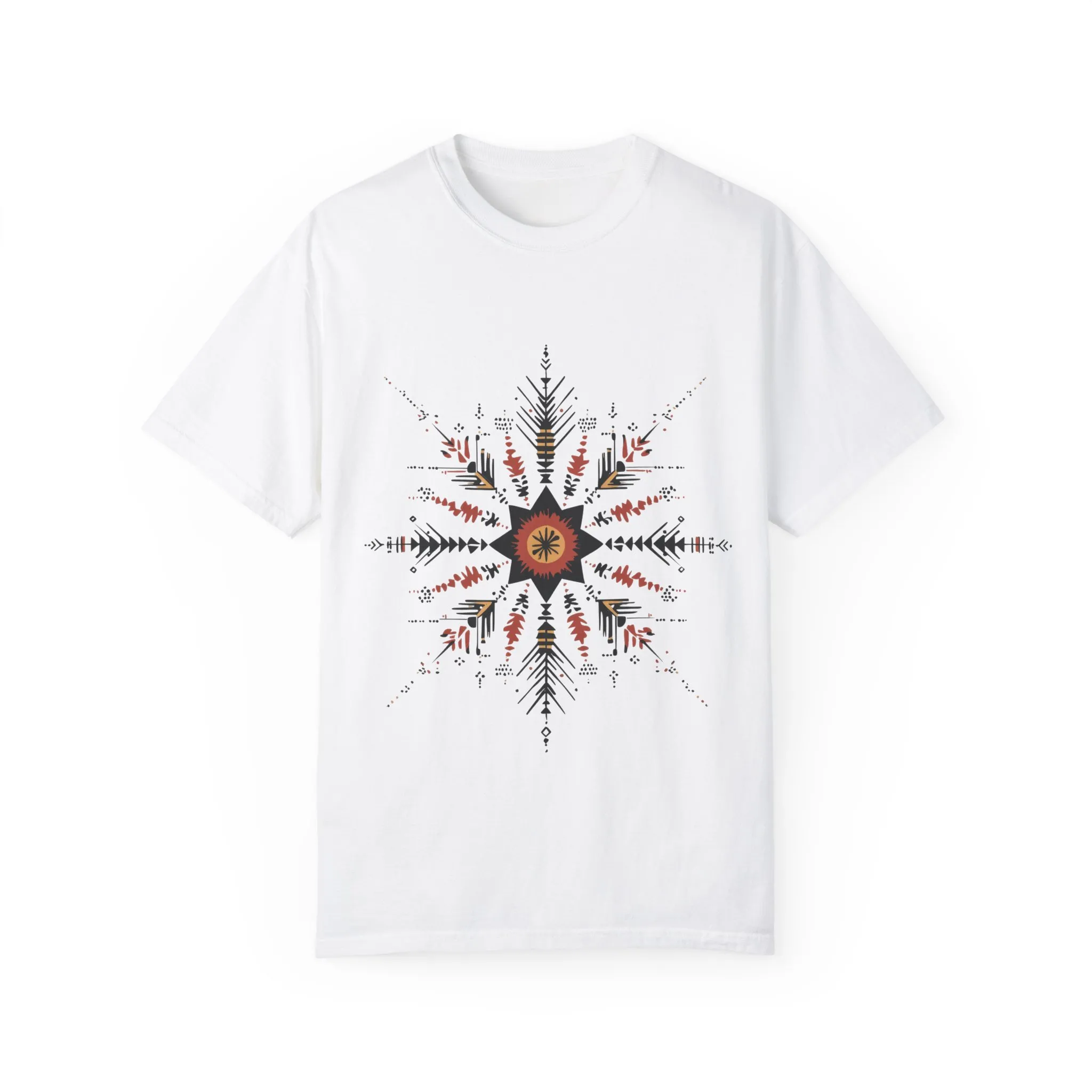 Boho chic nature t-shirt with geometric tribal design, artistic mandala print tee, unisex garment-dyed earthy tone t-shirt, bohemian festival fashion t-shirt.