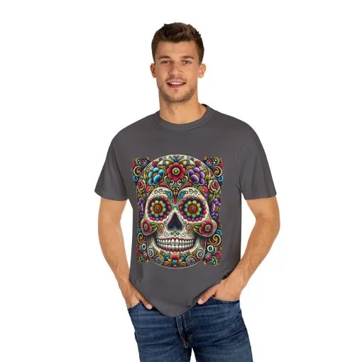 Colorful Floral Skull T-Shirt | Day of the Dead Style | Unisex Garment-Dyed Tee - Image 19