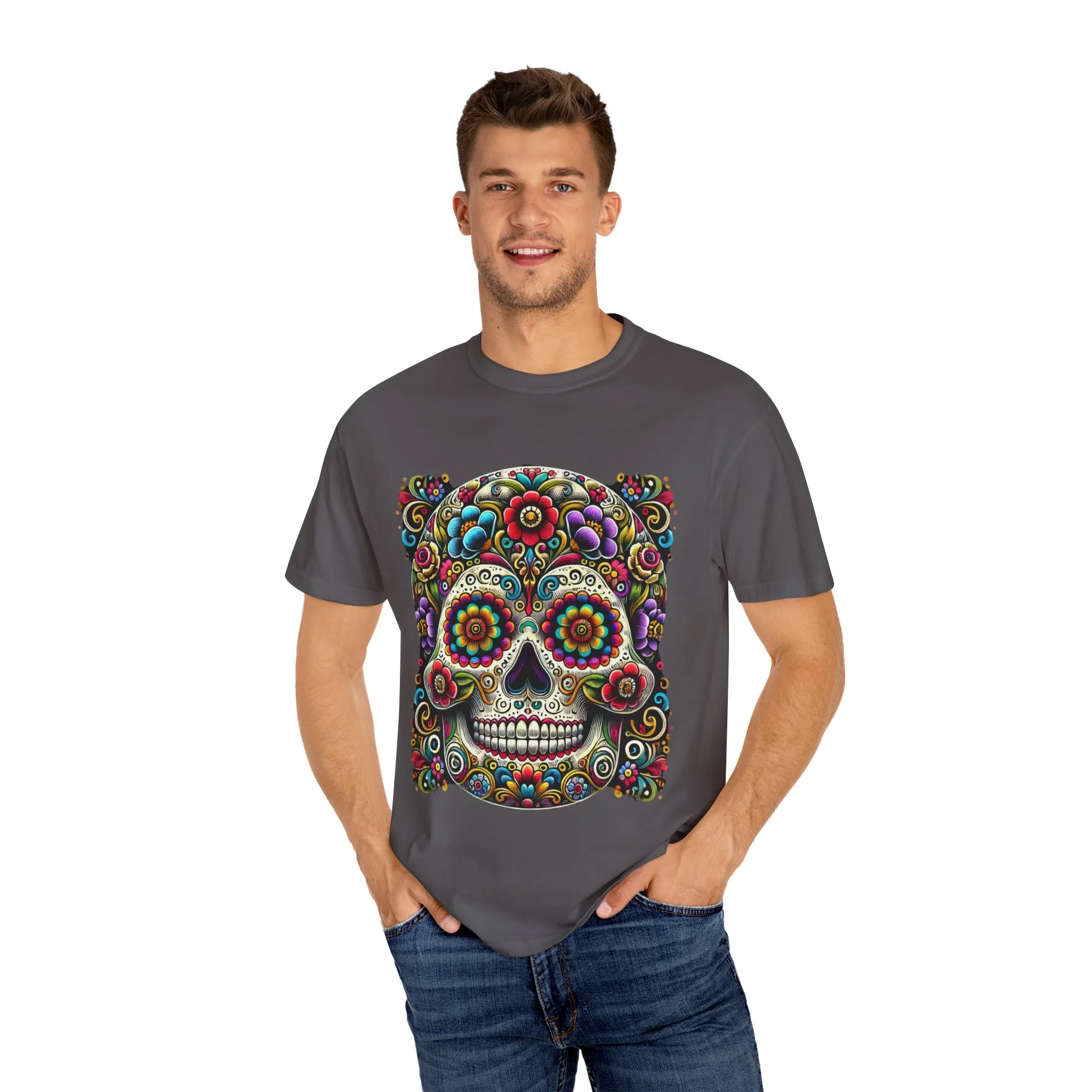 Colorful Floral Skull T-Shirt | Day of the Dead Style | Unisex Garment-Dyed Tee - Image 19