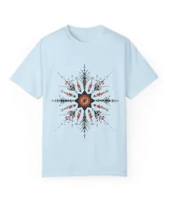Boho chic nature t-shirt with geometric tribal design, artistic mandala print tee, unisex garment-dyed earthy tone t-shirt, bohemian festival fashion t-shirt.