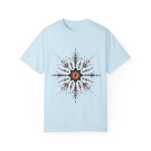Boho chic nature t-shirt with geometric tribal design, artistic mandala print tee, unisex garment-dyed earthy tone t-shirt, bohemian festival fashion t-shirt.