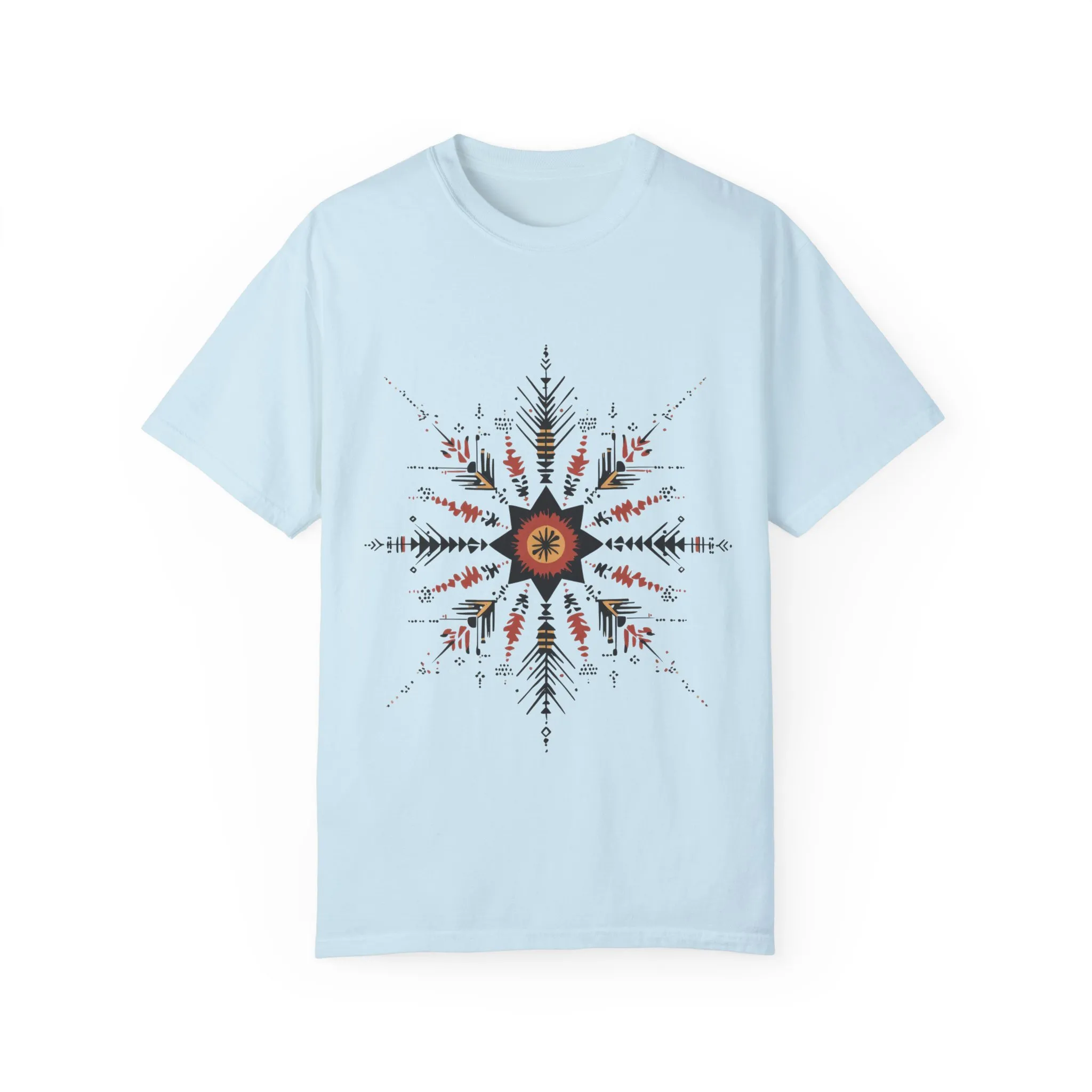 Boho chic nature t-shirt with geometric tribal design, artistic mandala print tee, unisex garment-dyed earthy tone t-shirt, bohemian festival fashion t-shirt.