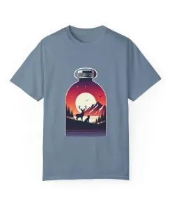 Adventure mountain t-shirt with deer and nature print, eco-friendly outdoor t-shirt, scenic wildlife graphic tee, unisex nature lover’s t-shirt.