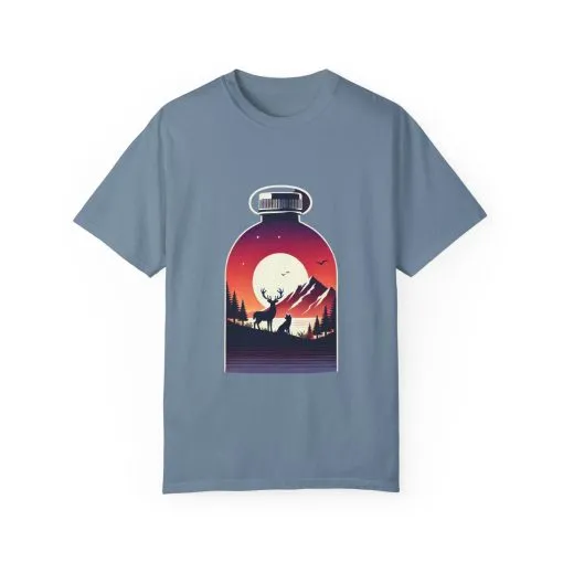 Adventure mountain t-shirt with deer and nature print, eco-friendly outdoor t-shirt, scenic wildlife graphic tee, unisex nature lover’s t-shirt.