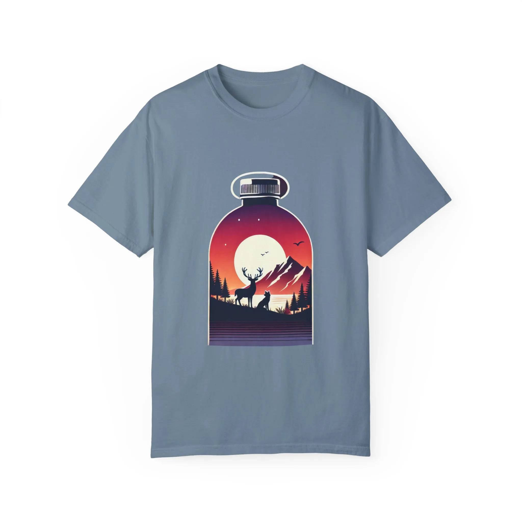 Adventure mountain t-shirt with deer and nature print, eco-friendly outdoor t-shirt, scenic wildlife graphic tee, unisex nature lover’s t-shirt.