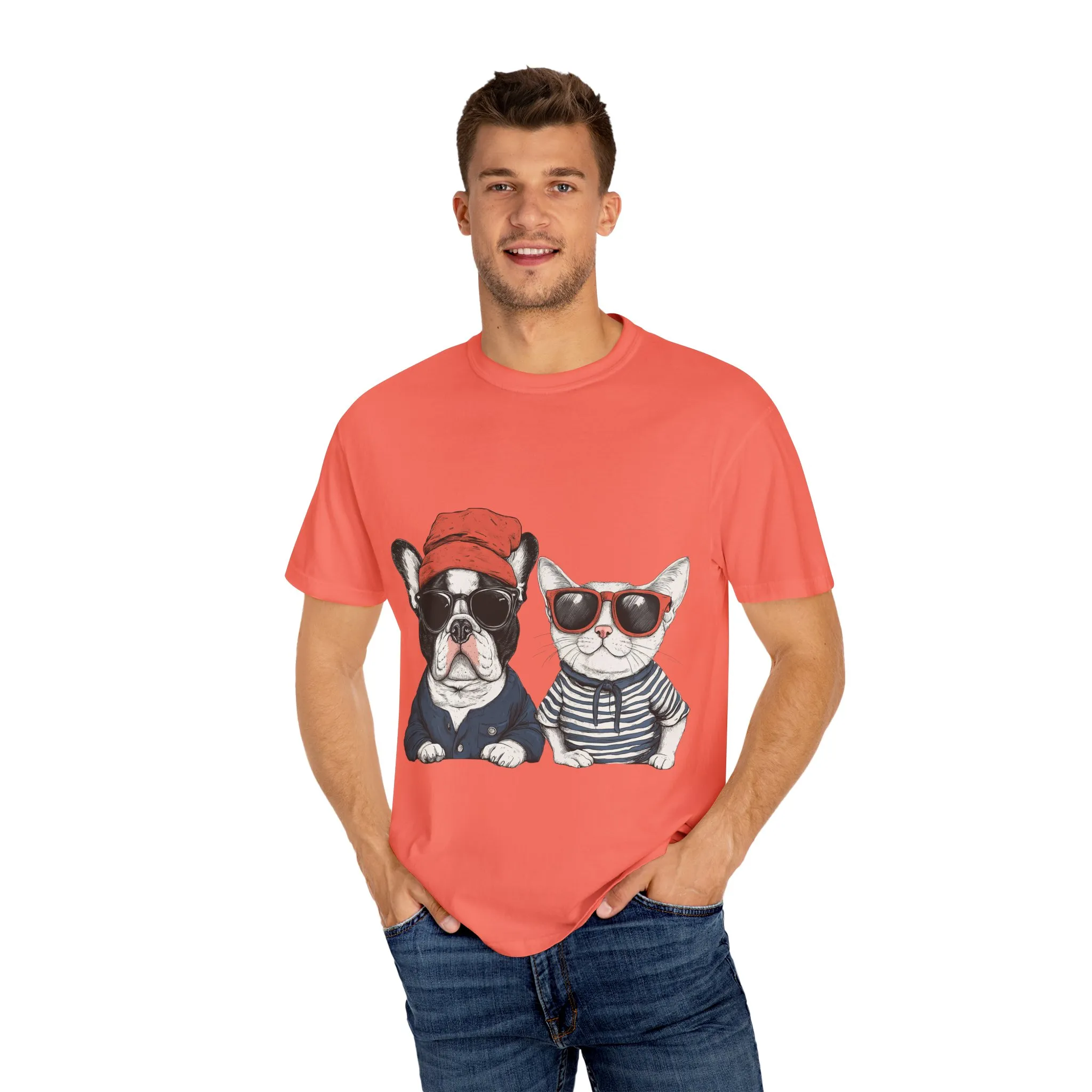 Trendy French Bulldog & Cat T-Shirt, Unisex Vintage Graphic Tee with Cool Sunglasses Design - Image 11