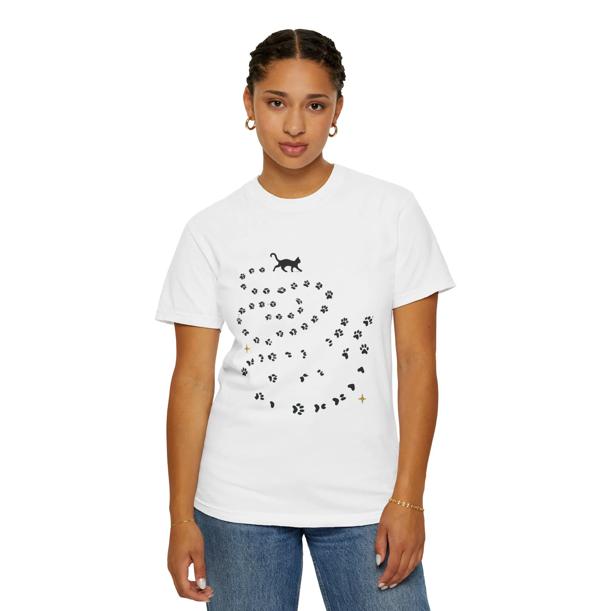 Whimsical Cat and Paw Print T-Shirt for Animal Lovers - Image 4