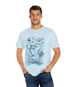 Unisex sea life t-shirt featuring dolphins and octopus