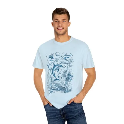 Unisex sea life t-shirt featuring dolphins and octopus