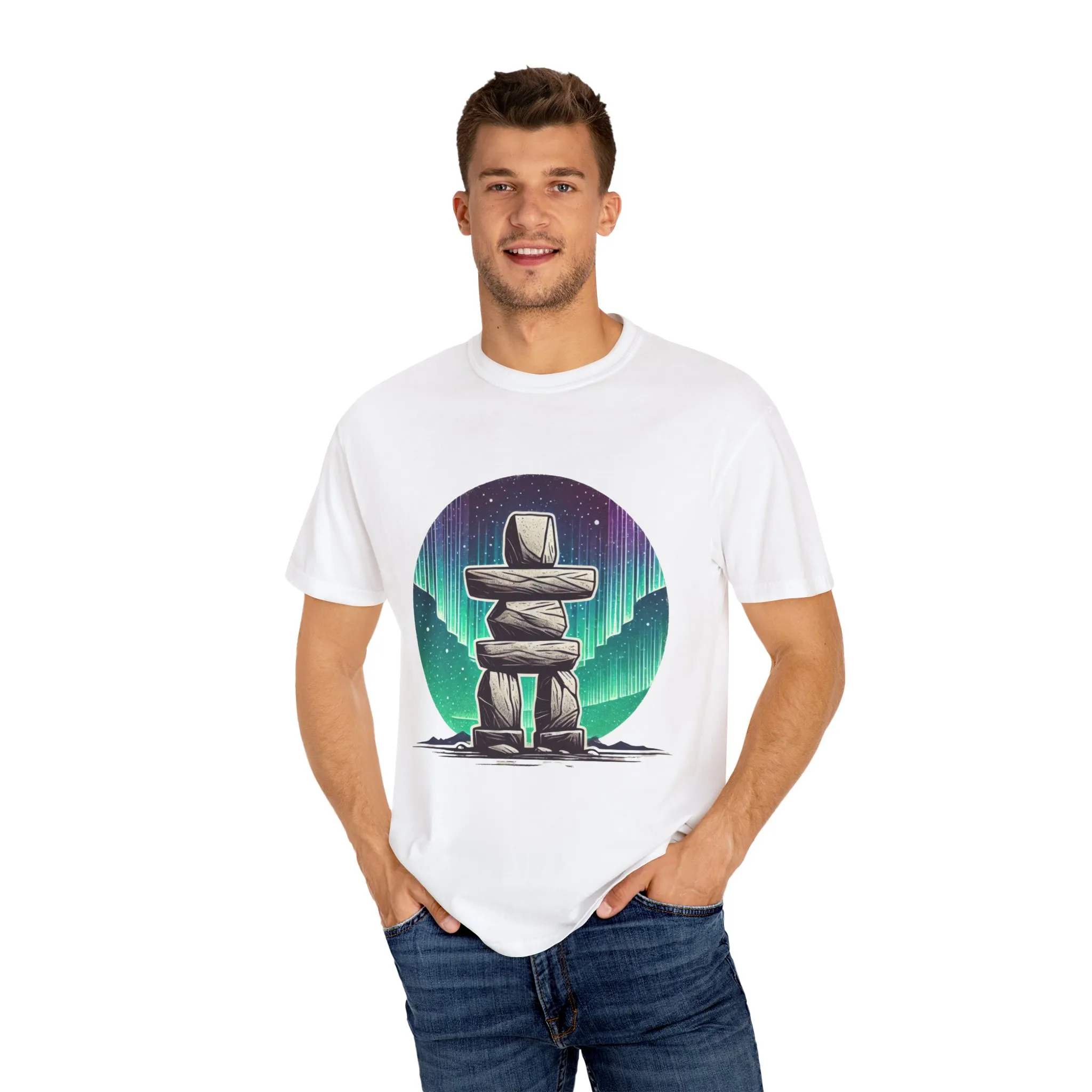 Northern Lights Stone Cairn Unisex Garment-Dyed T-Shirt - Image 7
