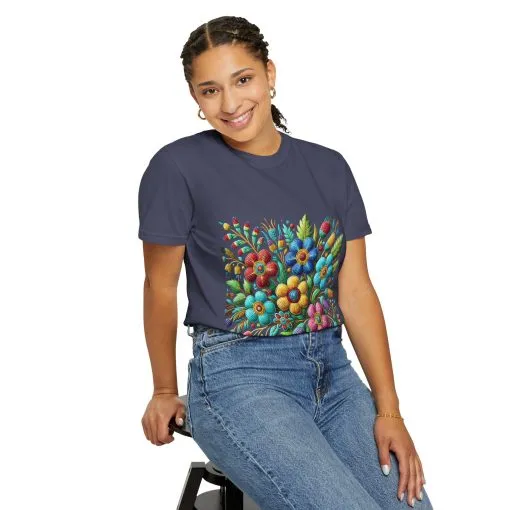 Colorful floral t-shirt with artistic flower print, vibrant unisex garment-dyed tee, bohemian botanical design t-shirt, handmade style floral print tee on light blue fabric.