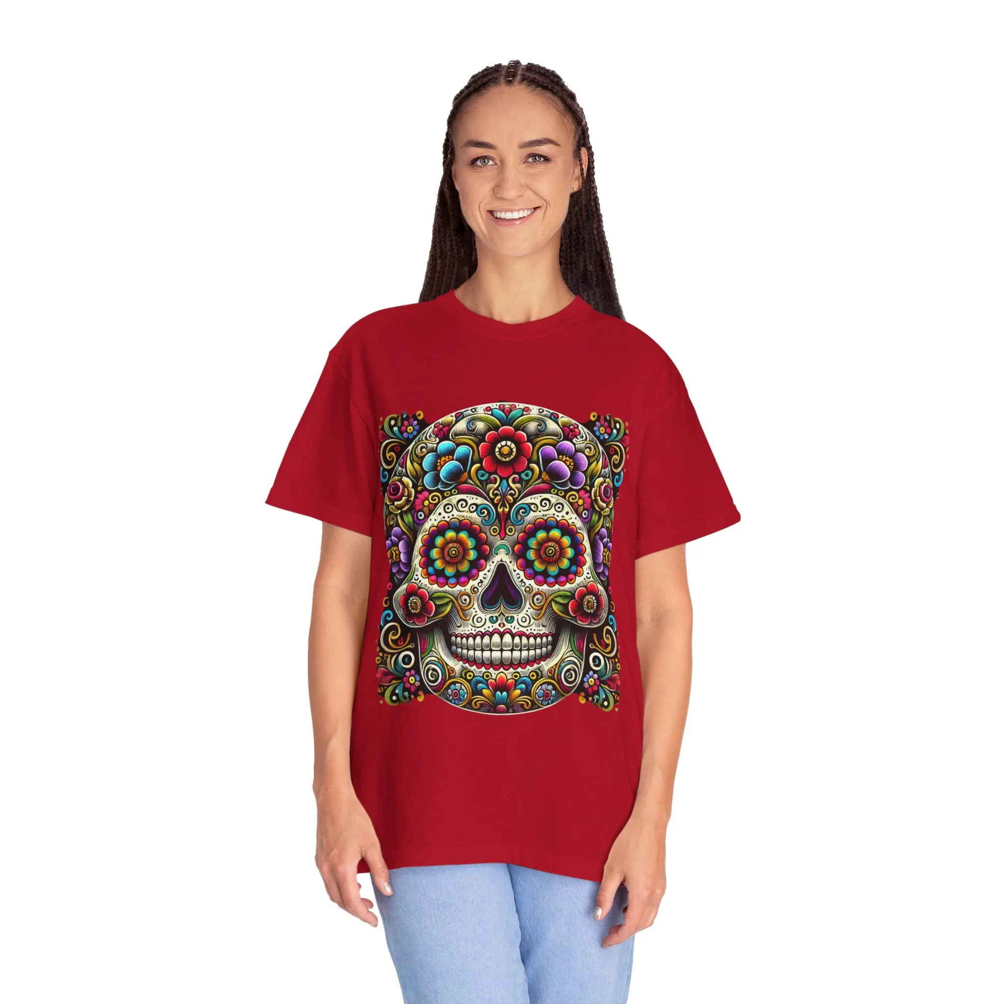 Colorful Floral Skull T-Shirt | Day of the Dead Style | Unisex Garment-Dyed Tee - Image 28