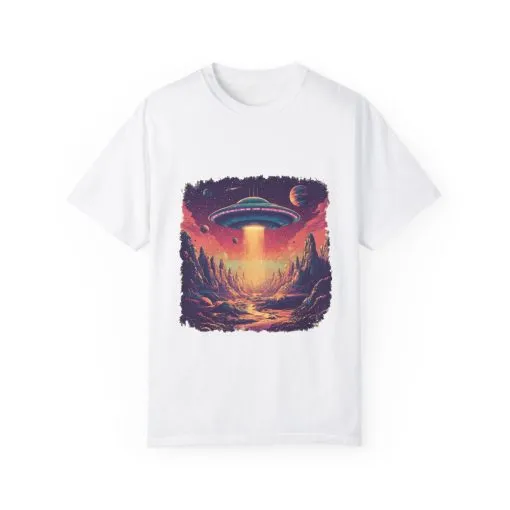 Galactic Adventure Unisex T-Shirt - UFO and Cosmic Landscape Design - Image 5