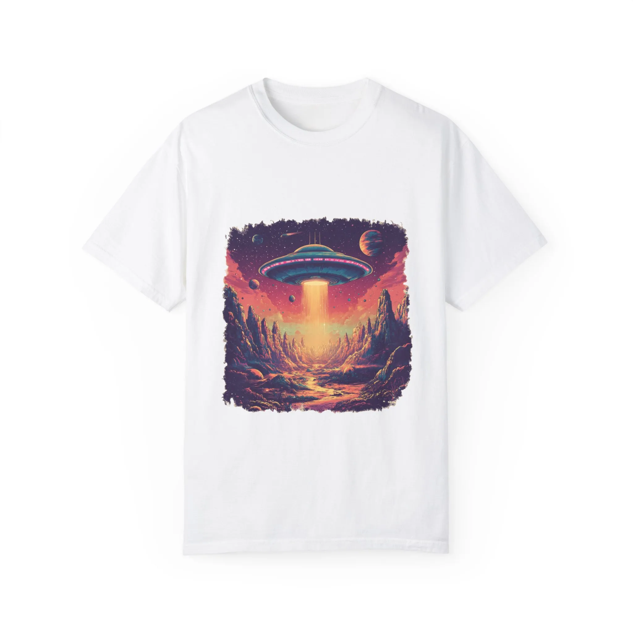 Galactic Adventure Unisex T-Shirt - UFO and Cosmic Landscape Design - Image 5