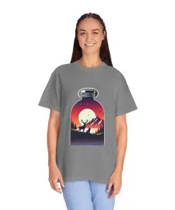 Adventure mountain t-shirt with deer and nature print, eco-friendly outdoor t-shirt, scenic wildlife graphic tee, unisex nature lover’s t-shirt.