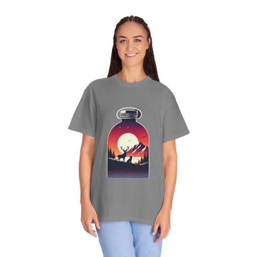 Adventure mountain t-shirt with deer and nature print, eco-friendly outdoor t-shirt, scenic wildlife graphic tee, unisex nature lover’s t-shirt.