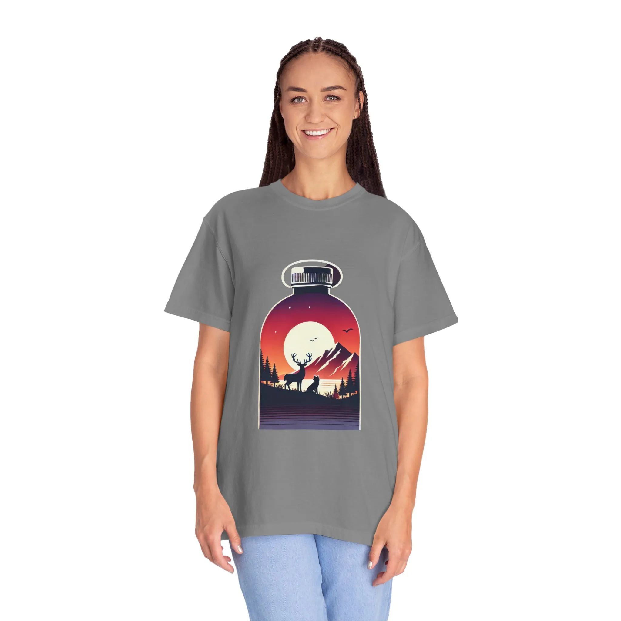 Adventure mountain t-shirt with deer and nature print, eco-friendly outdoor t-shirt, scenic wildlife graphic tee, unisex nature lover’s t-shirt.