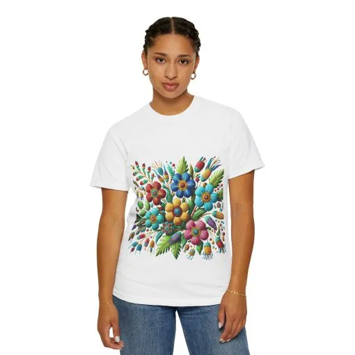 Colorful floral t-shirt with artistic flower print, vibrant unisex garment-dyed tee, bohemian botanical design t-shirt, handmade style floral print tee on light blue fabric.