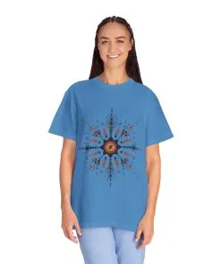 Boho chic nature t-shirt with geometric tribal design, artistic mandala print tee, unisex garment-dyed earthy tone t-shirt, bohemian festival fashion t-shirt.