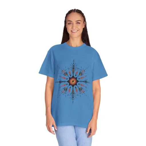 Boho chic nature t-shirt with geometric tribal design, artistic mandala print tee, unisex garment-dyed earthy tone t-shirt, bohemian festival fashion t-shirt.