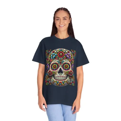 Colorful Floral Skull T-Shirt | Day of the Dead Style | Unisex Garment-Dyed Tee - Image 24