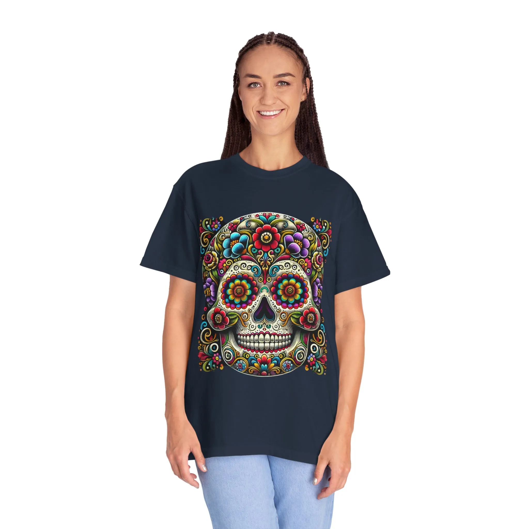 Colorful Floral Skull T-Shirt | Day of the Dead Style | Unisex Garment-Dyed Tee - Image 24