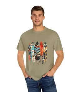 Colorful feather t-shirt with bohemian feather print, artistic tribal feather design tee, unisex boho chic feather graphic t-shirt on white fabric.