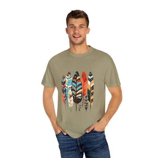 Colorful feather t-shirt with bohemian feather print, artistic tribal feather design tee, unisex boho chic feather graphic t-shirt on white fabric.