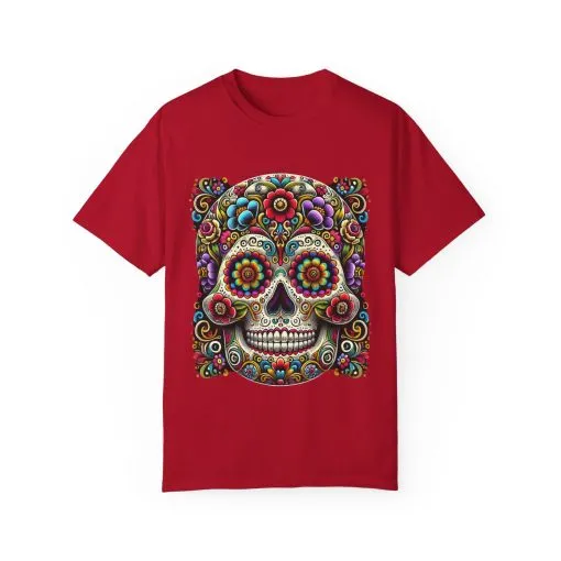 Colorful Floral Skull T-Shirt | Day of the Dead Style | Unisex Garment-Dyed Tee - Image 25