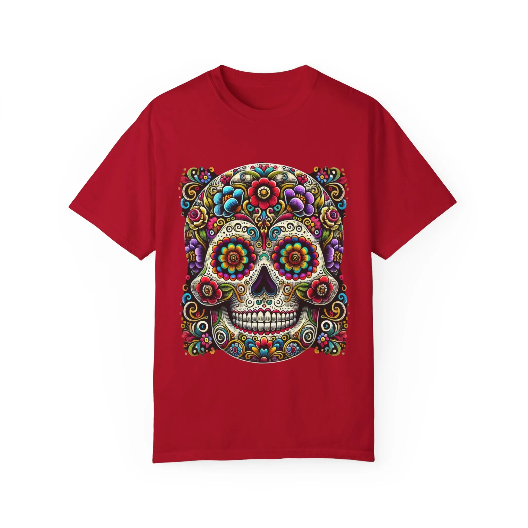 Colorful Floral Skull T-Shirt | Day of the Dead Style | Unisex Garment-Dyed Tee - Image 25